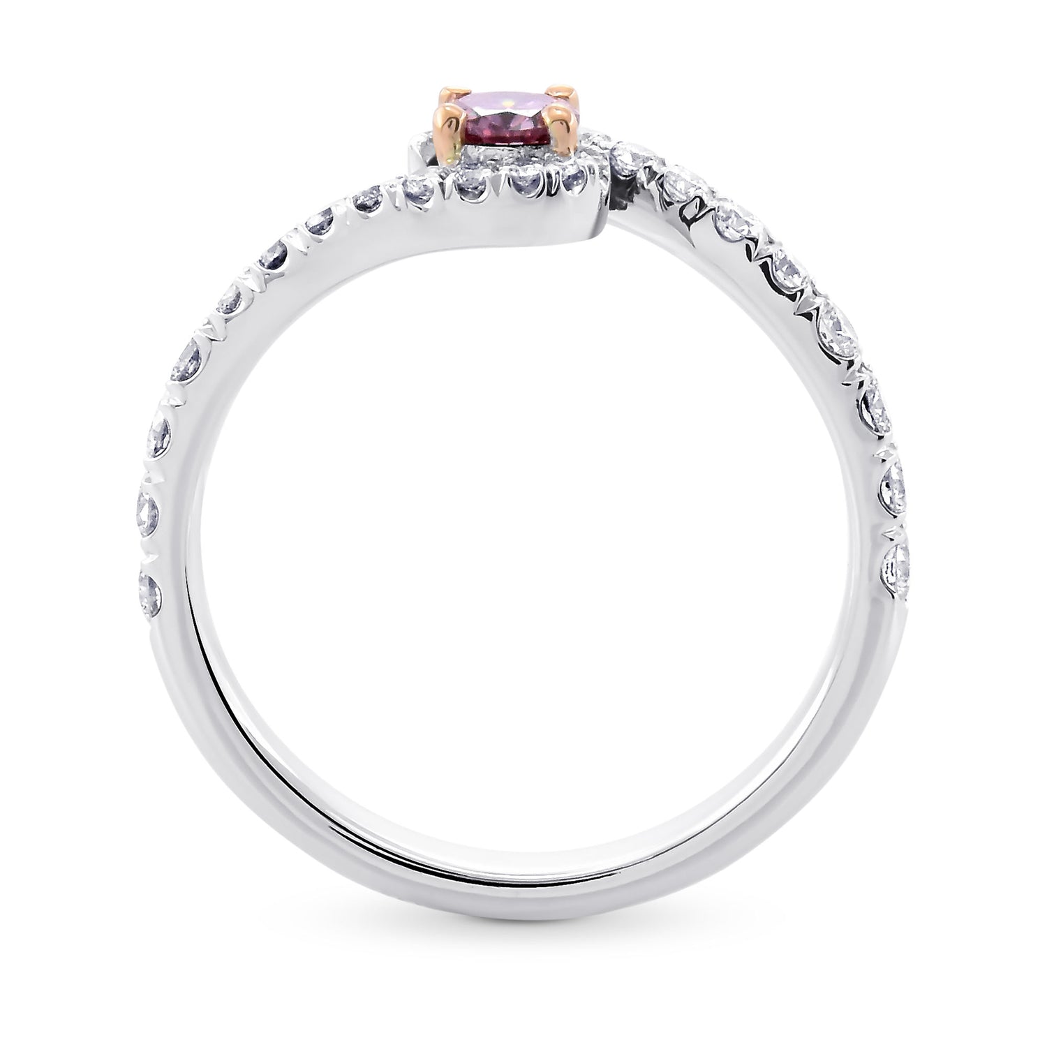 Fancy Intense Purplish Pink Round Cross-over Side-stone Diamond Ring