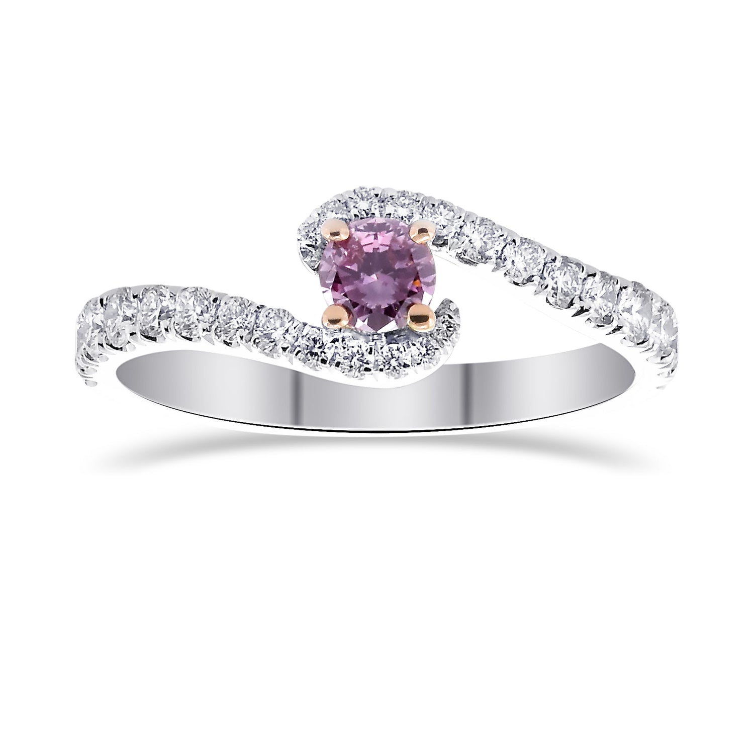 Fancy Intense Purplish Pink Round Cross-over Side-stone Diamond Ring
