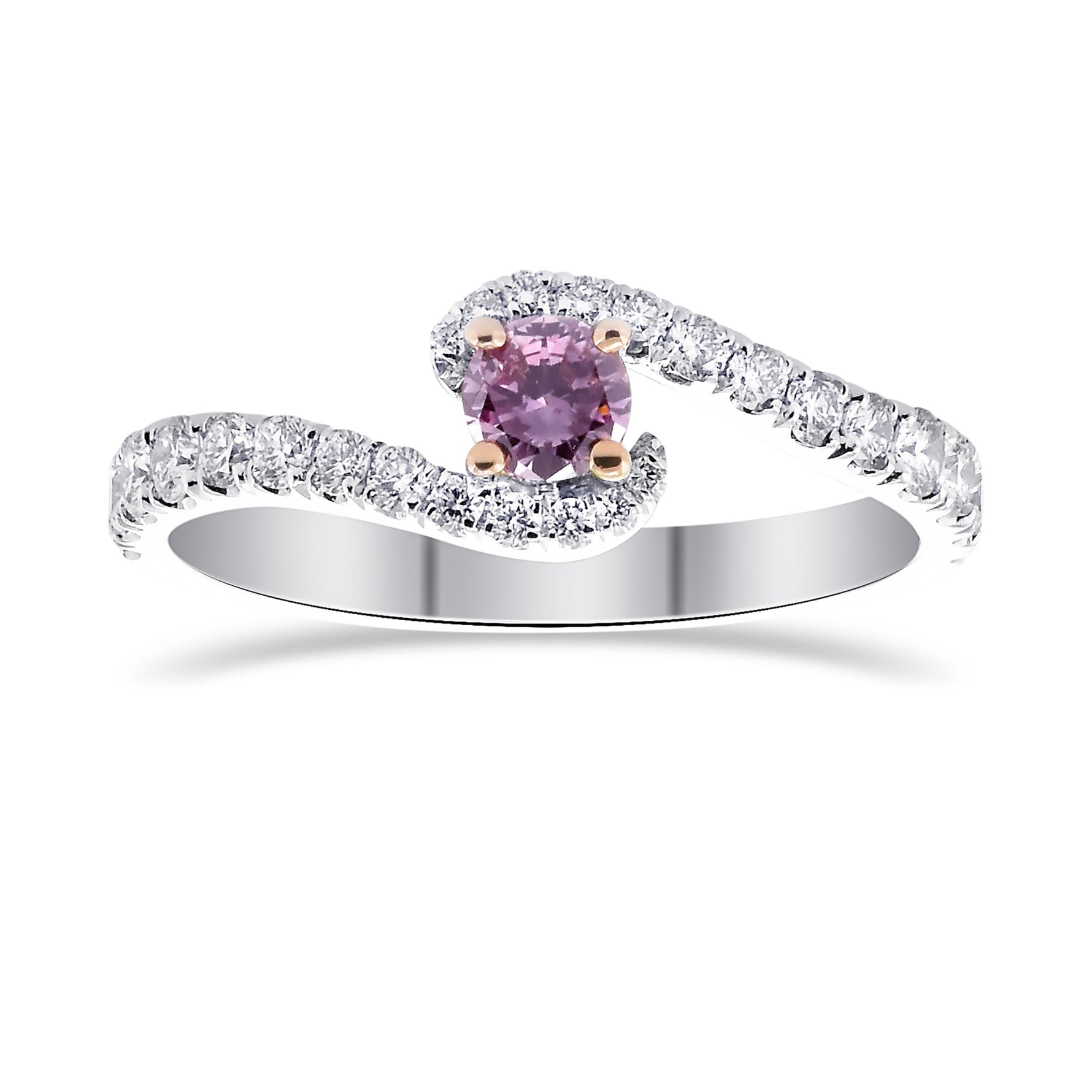 Fancy Intense Purplish Pink Round Cross-over Side-stone Diamond Ring