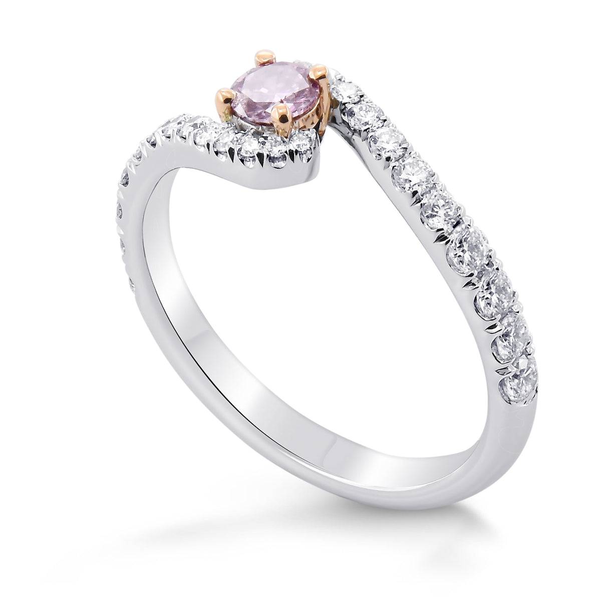 Fancy Intense Purplish Pink Round Cross-over Side-stone Diamond Ring
