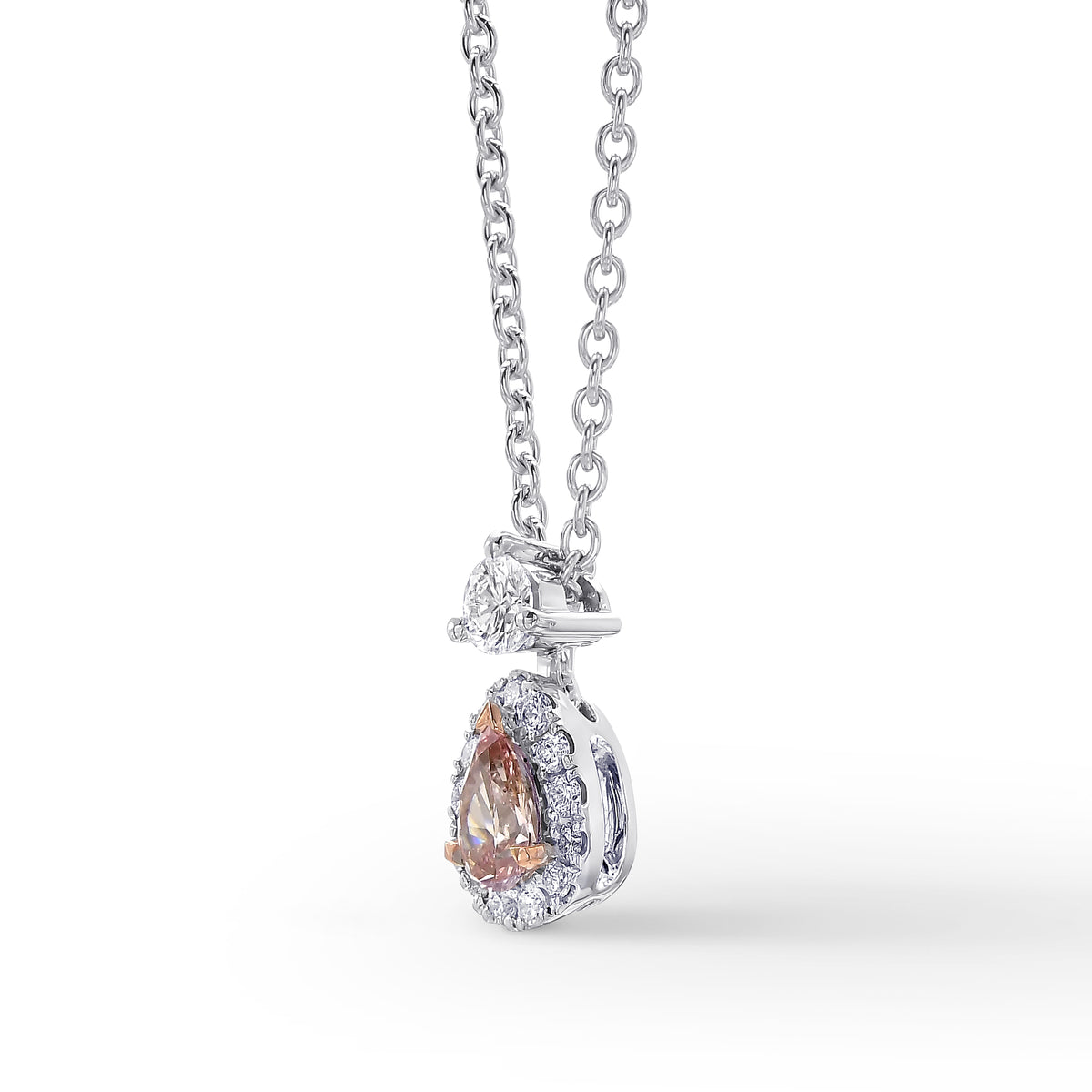 Fancy Orangy Pink Pear Diamond Halo Pendant