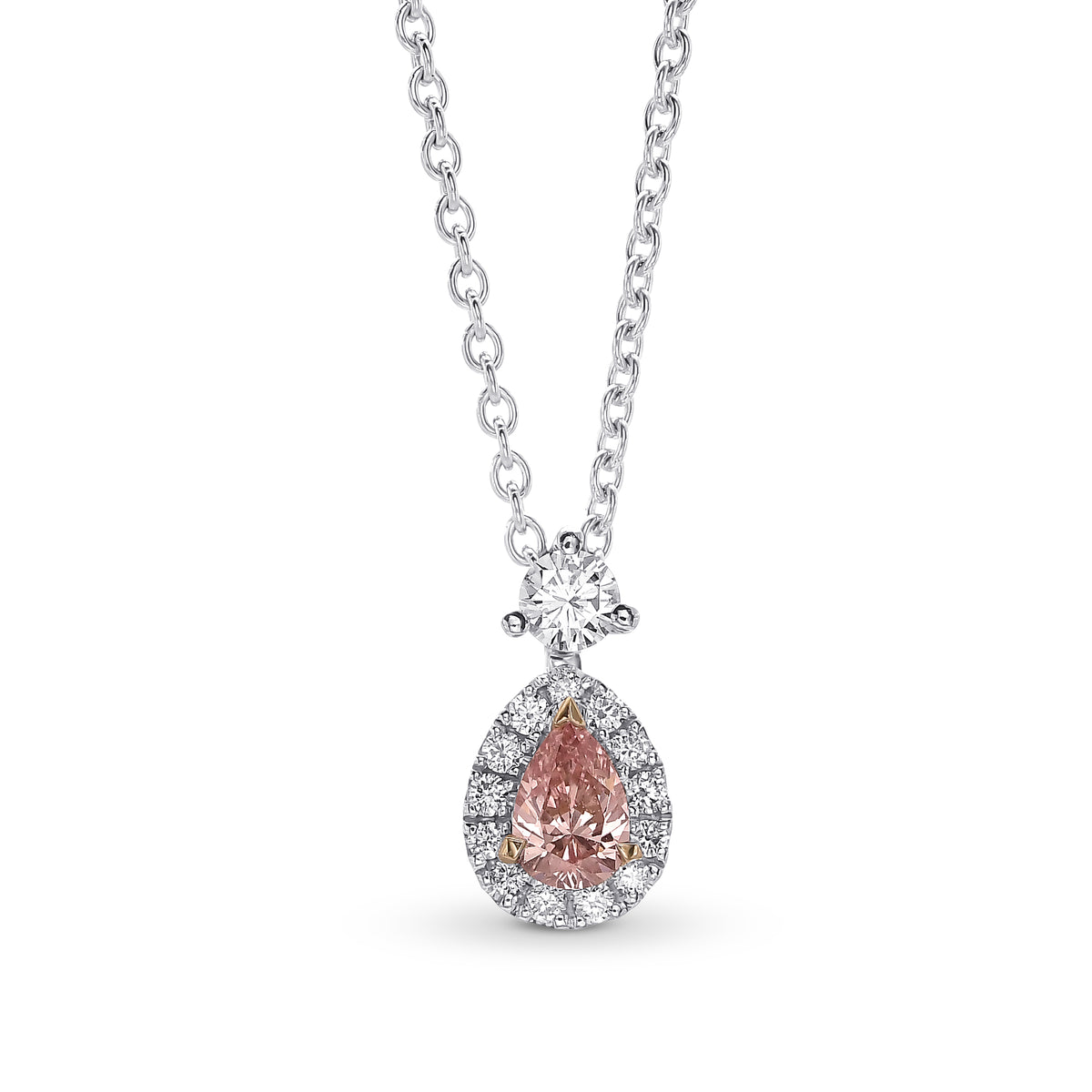 Fancy Orangy Pink Pear Diamond Halo Pendant
