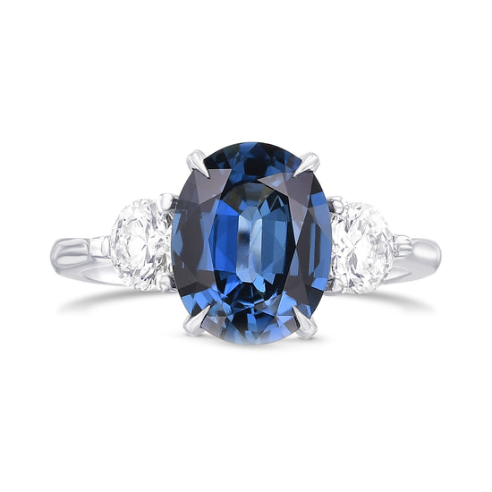 Oval Blue Sapphire and Diamond 3 Stone Ring