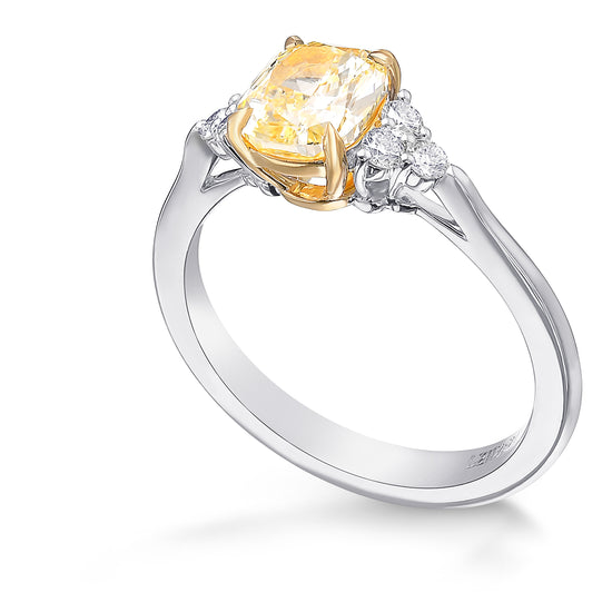 Fancy Yellow Cushion Diamond Side Stone Ring
