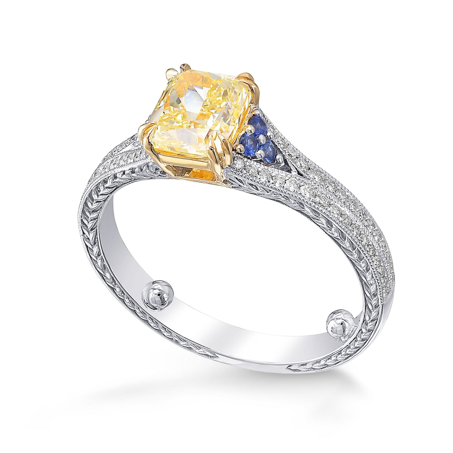 Fancy Yellow Cushion Diamond and Sapphire Side Stone Ring