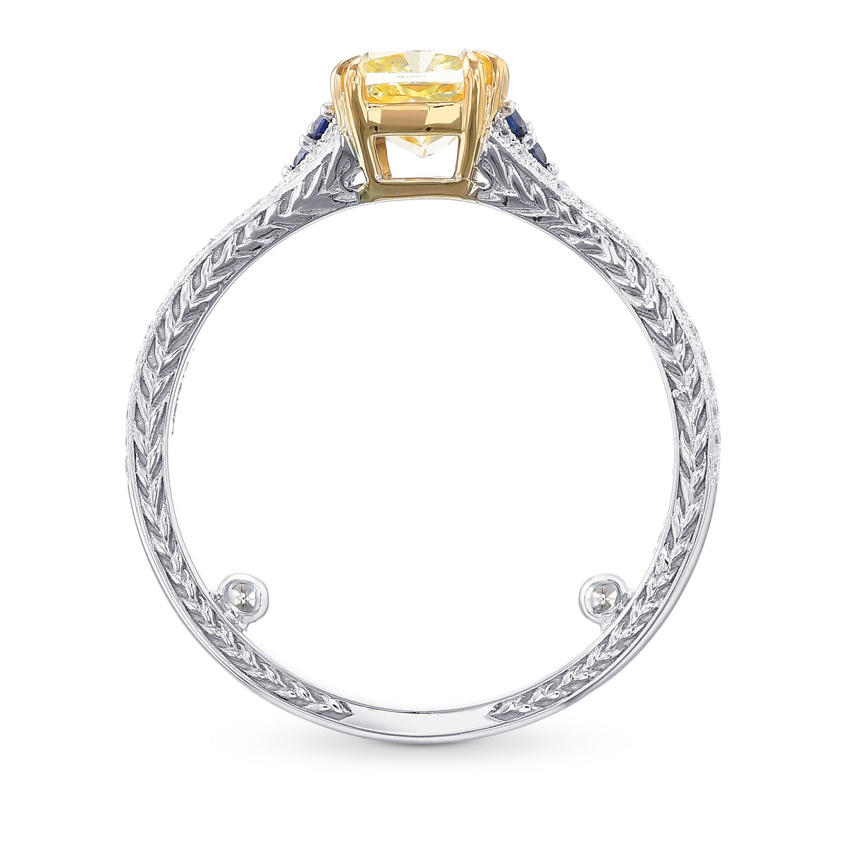 Fancy Yellow Cushion Diamond and Sapphire Side Stone Ring