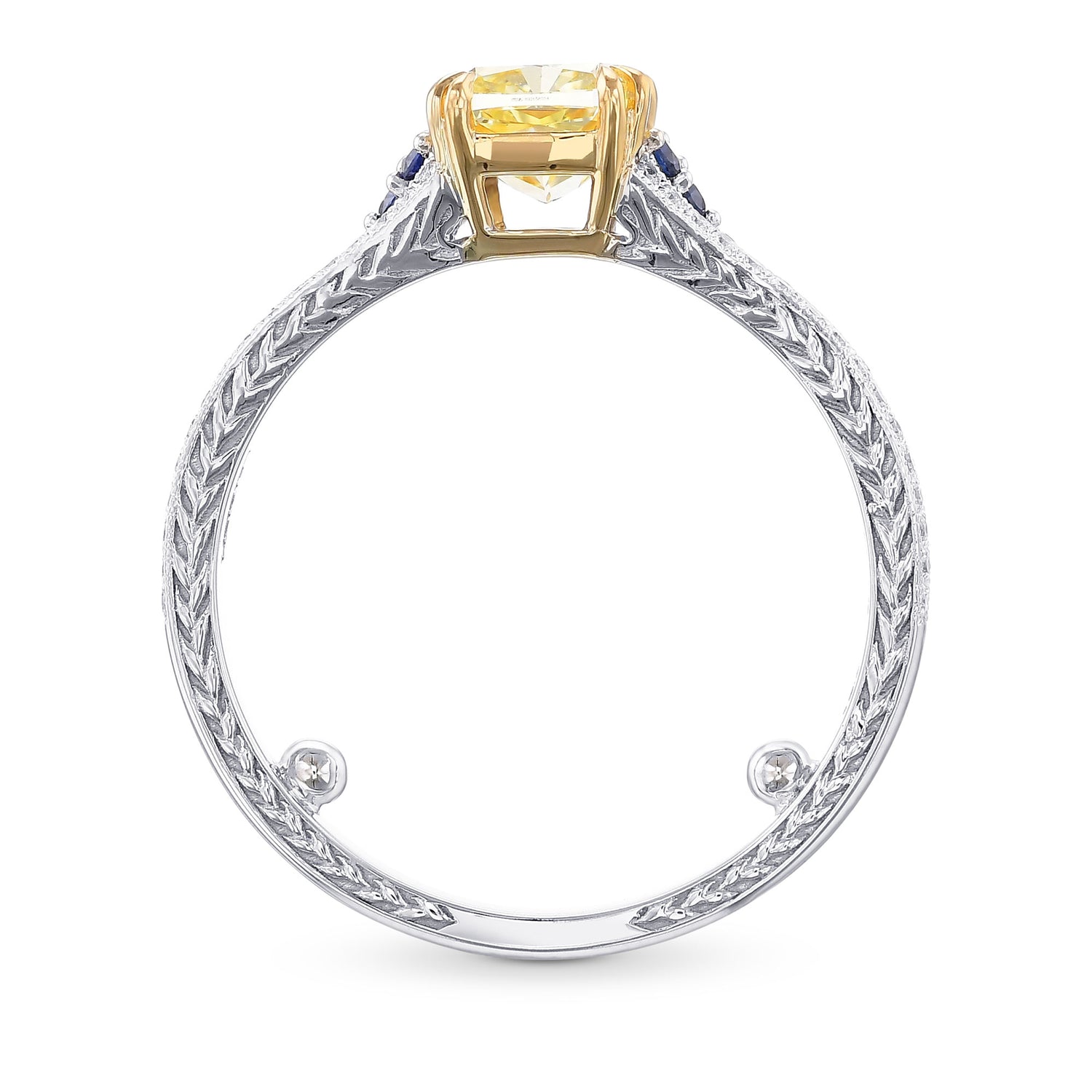 Fancy Yellow Cushion Diamond and Sapphire Side Stone Ring