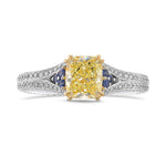 Fancy Yellow Cushion Diamond and Sapphire Side Stone Ring