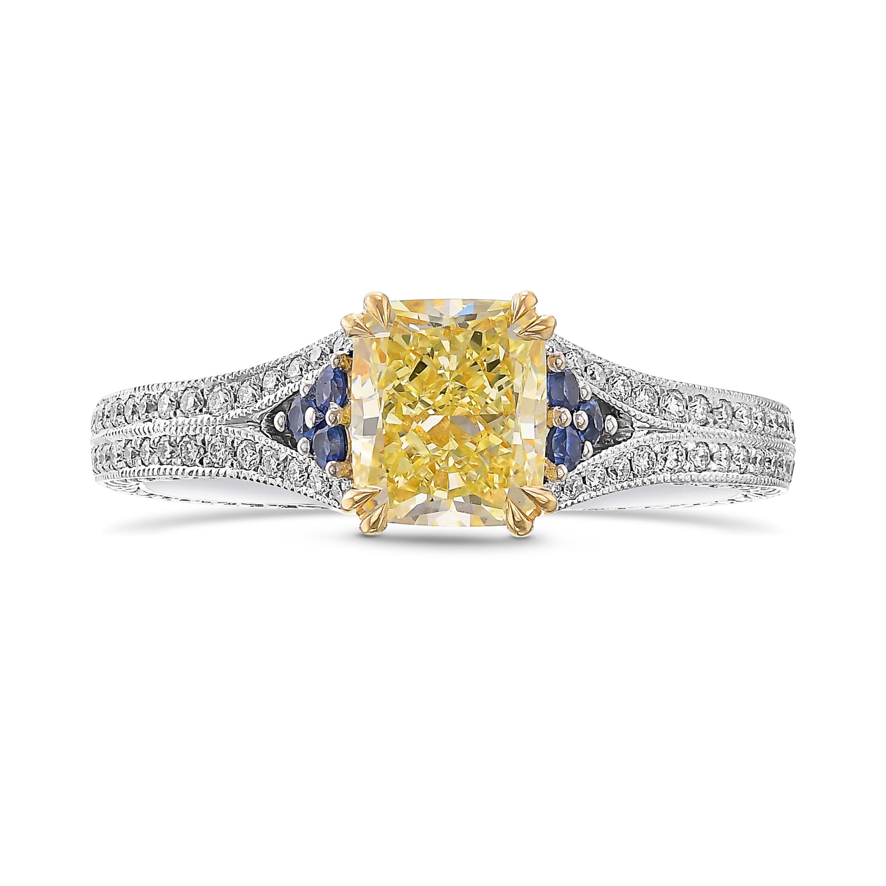 Fancy Yellow Cushion Diamond and Sapphire Side Stone Ring