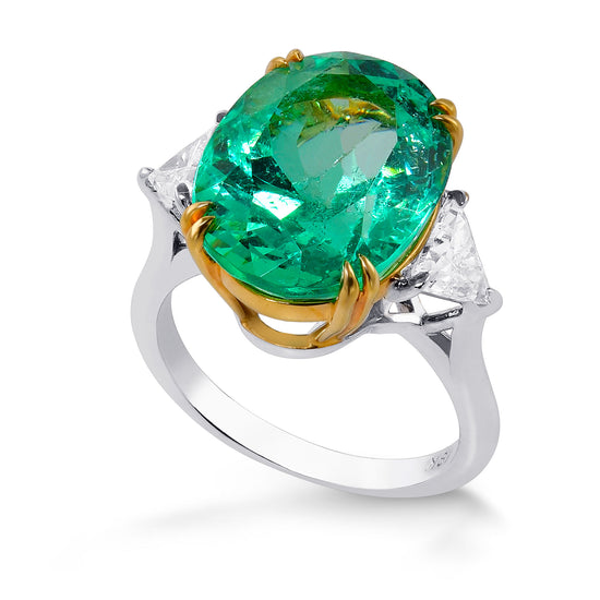 Oval Green Emerald and Diamond 3 Stone Ring 