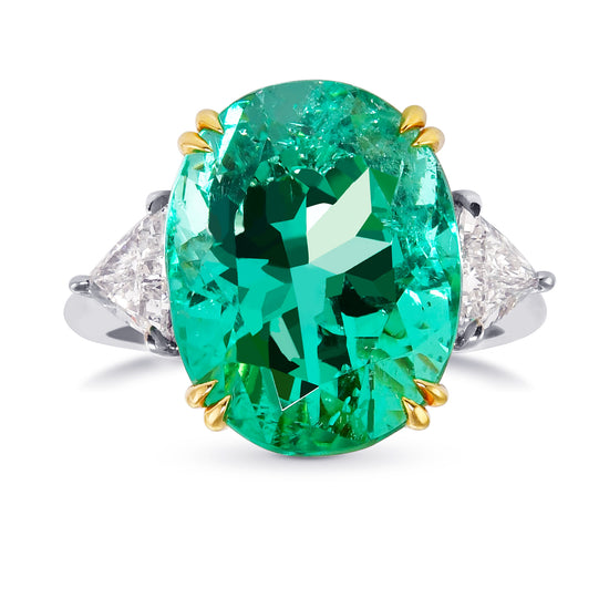 Oval Green Emerald and Diamond 3 Stone Ring 