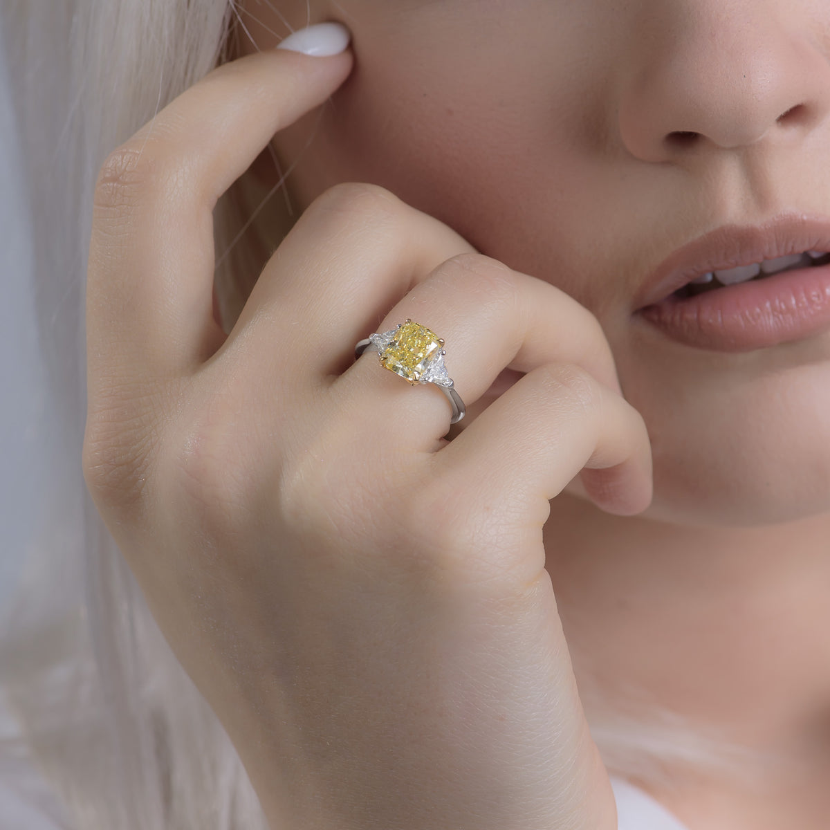  Fancy Intense Yellow Cushion 3 Stone Diamond Ring