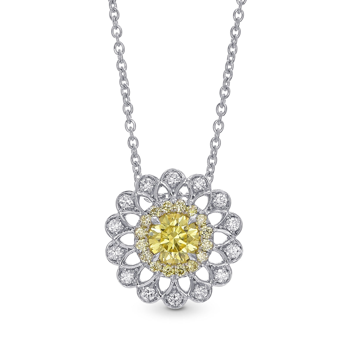 Fancy Yellow Round Brilliant Filigree Halo Diamond Pendant