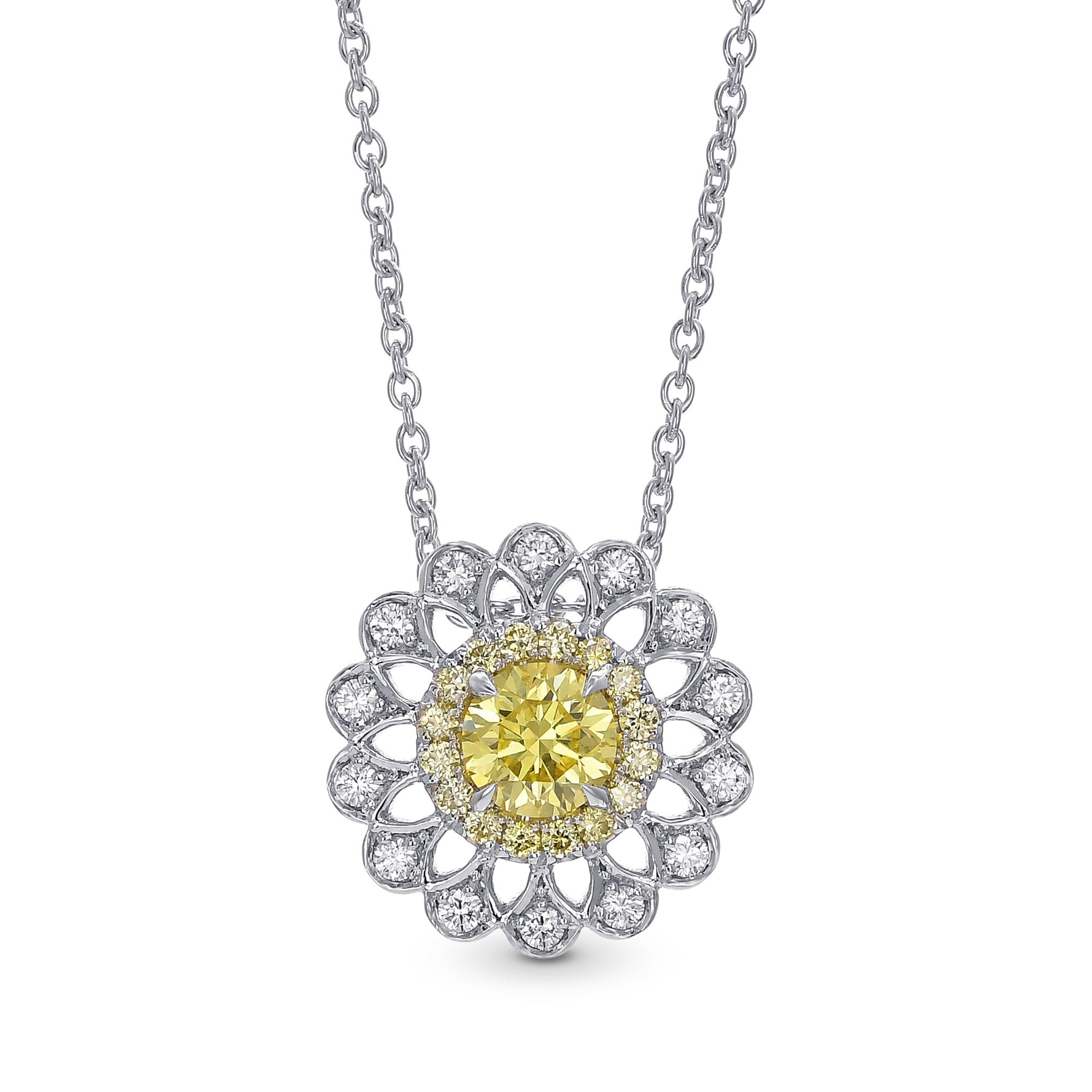 Fancy Yellow Round Brilliant Filigree Halo Diamond Pendant