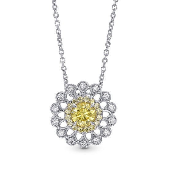 Fancy Yellow Round Brilliant Filigree Halo Diamond Pendant