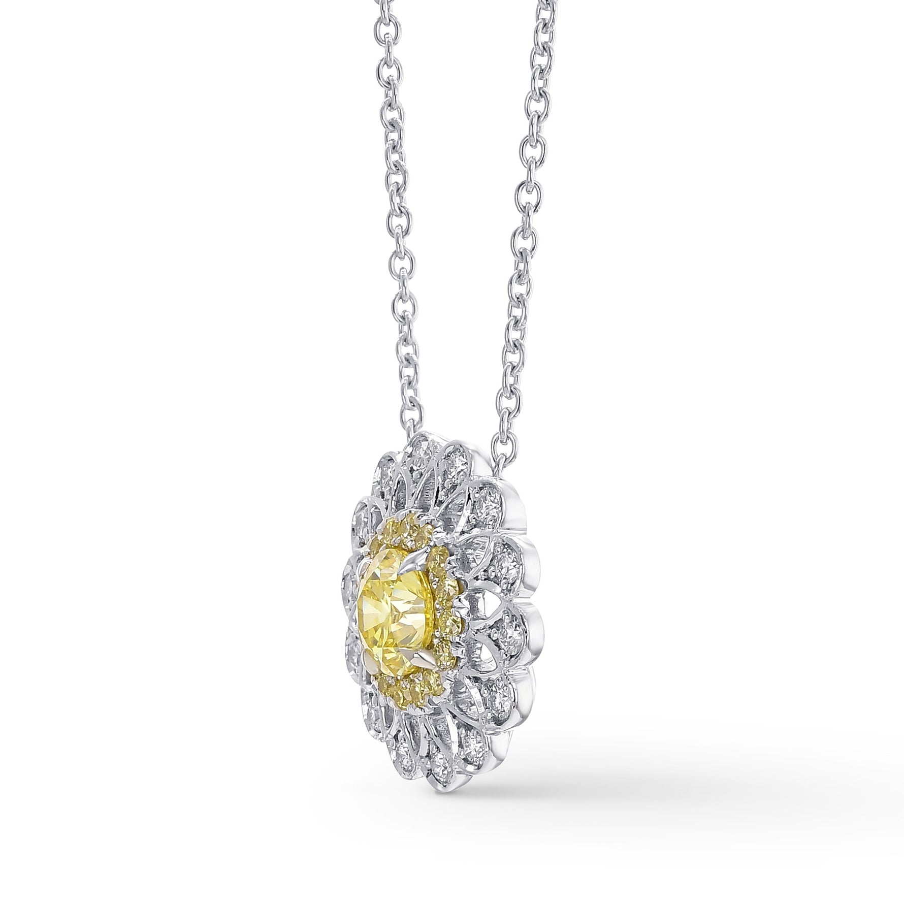 Fancy Yellow Round Brilliant Filigree Halo Diamond Pendant
