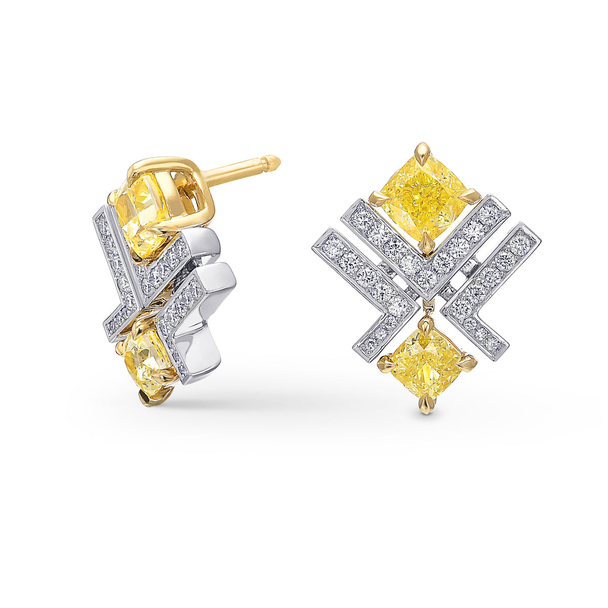 Fancy Yellow Cushion and Pave Diamond Earrings