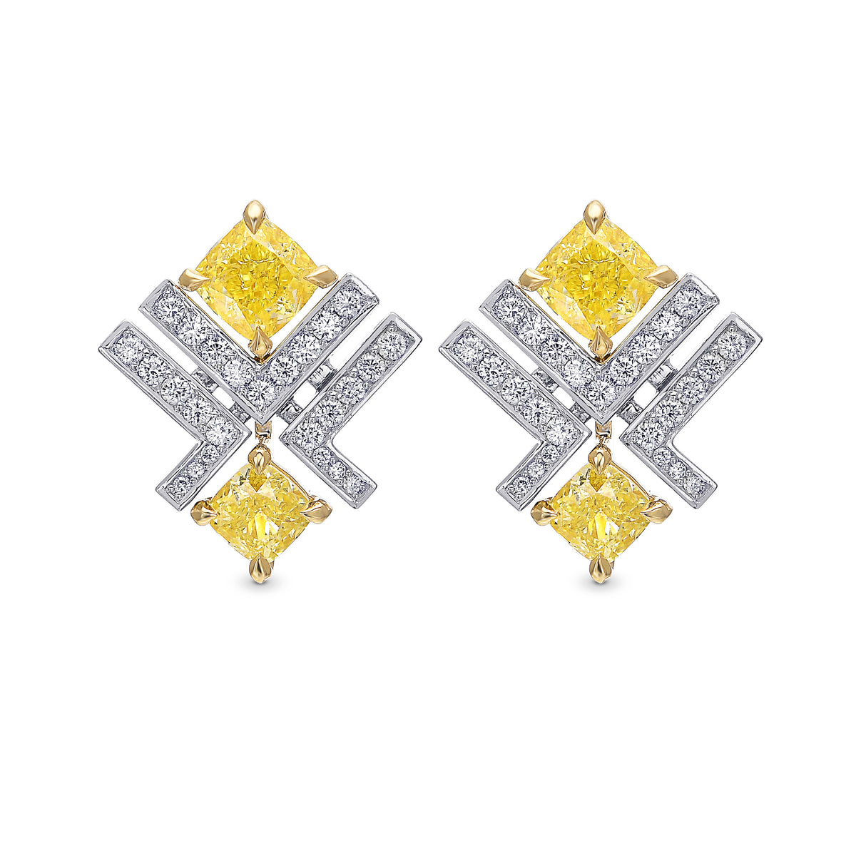 Fancy Yellow Cushion and Pave Diamond Earrings
