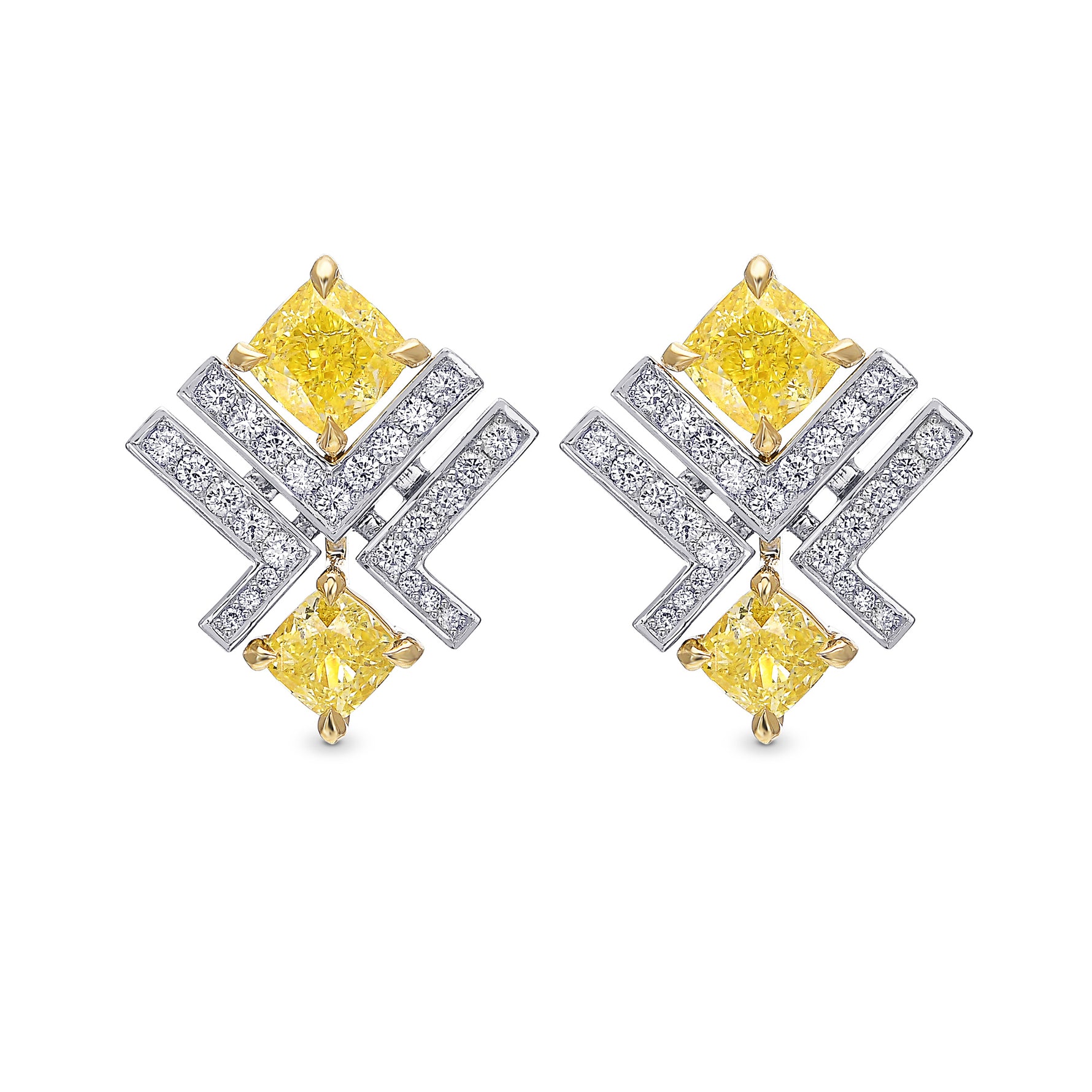 Fancy Yellow Cushion and Pave Diamond Earrings