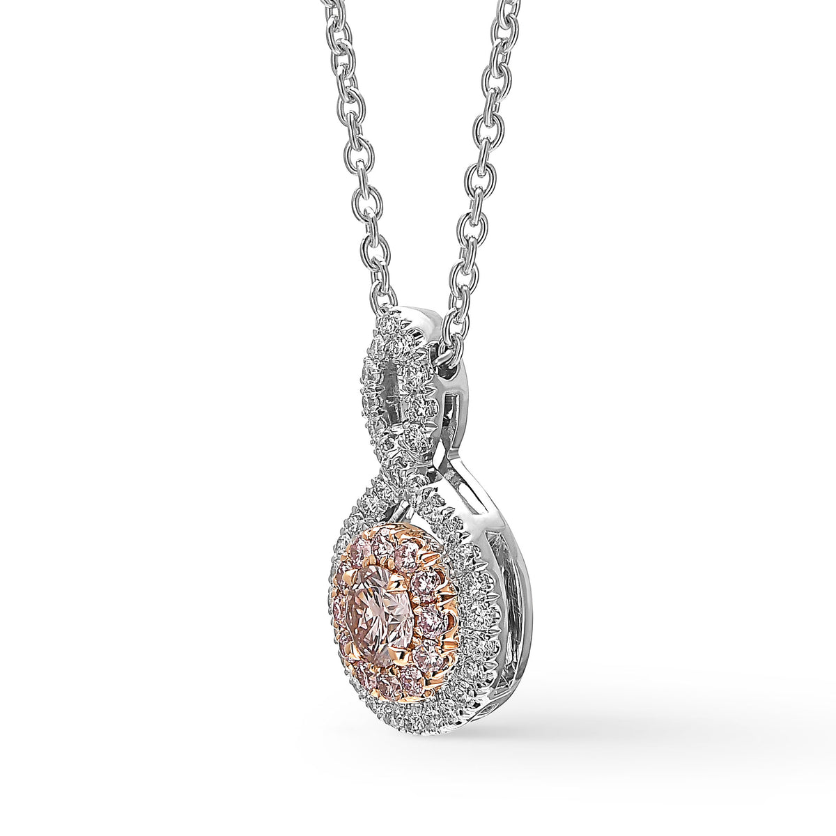 Fancy Light Brownish Pink Round Diamond Crossover Double Halo Pendant