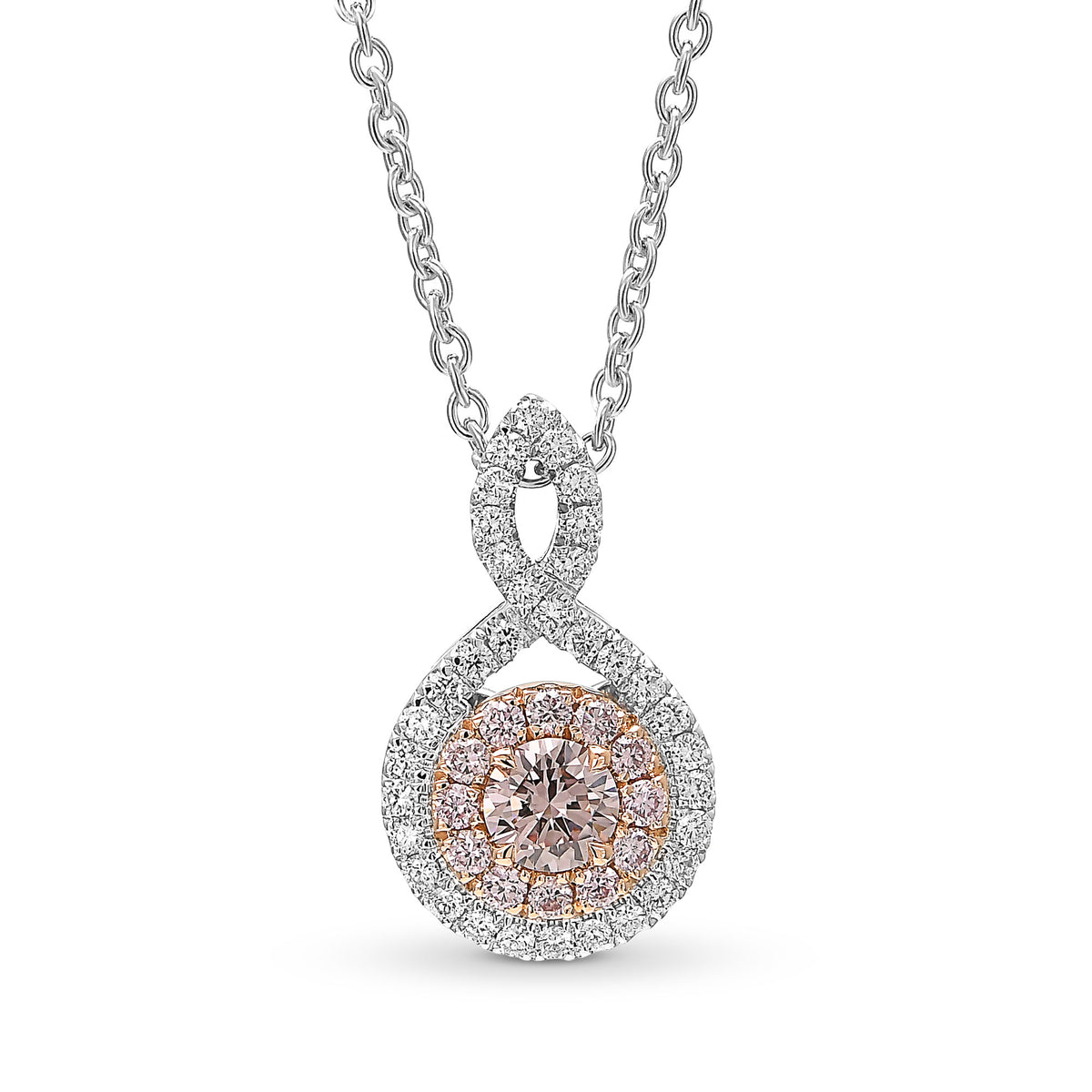 Fancy Light Brownish Pink Round Diamond Crossover Double Halo Pendant