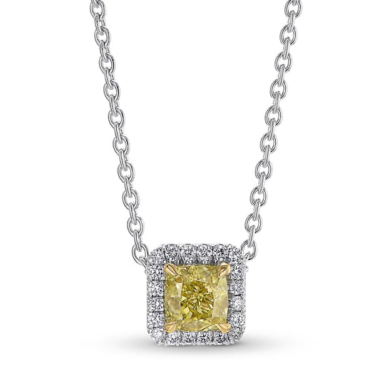 Fancy Yellow Cushion Diamond Halo Pendant 