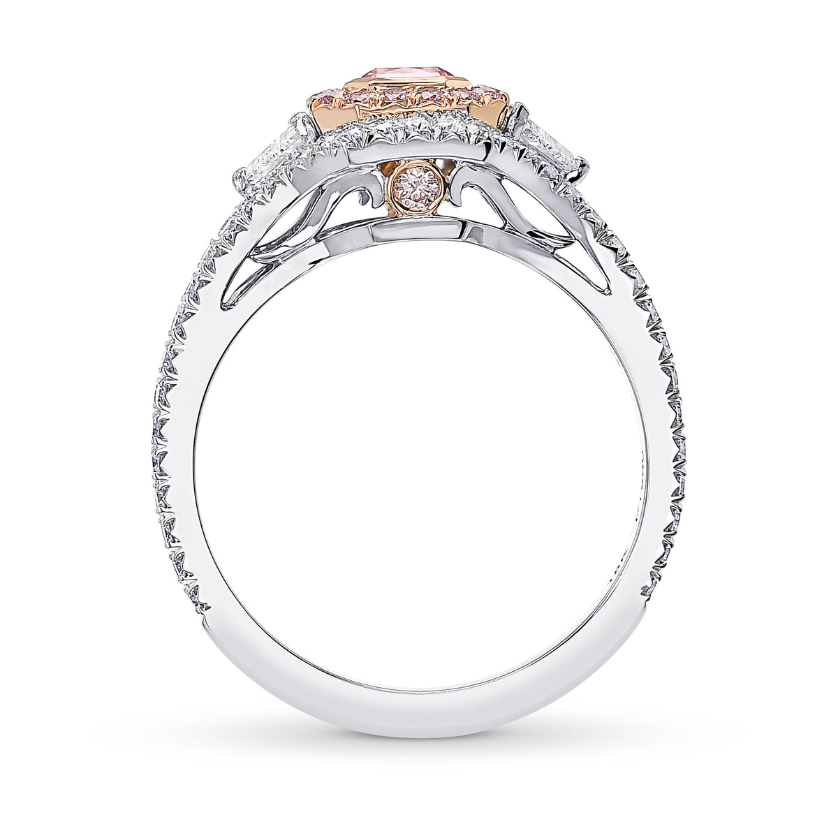 Argyle Fancy Deep Orangy Pink Radiant Diamond Double Halo Ring 