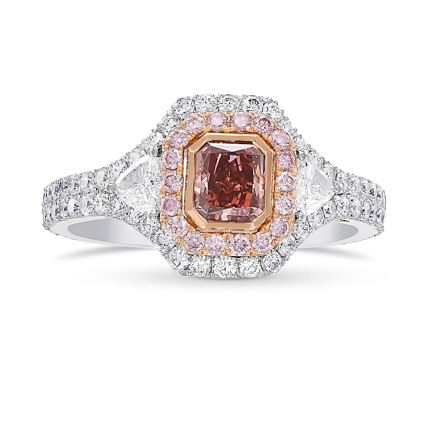 Argyle Fancy Deep Orangy Pink Radiant Diamond Double Halo Ring 