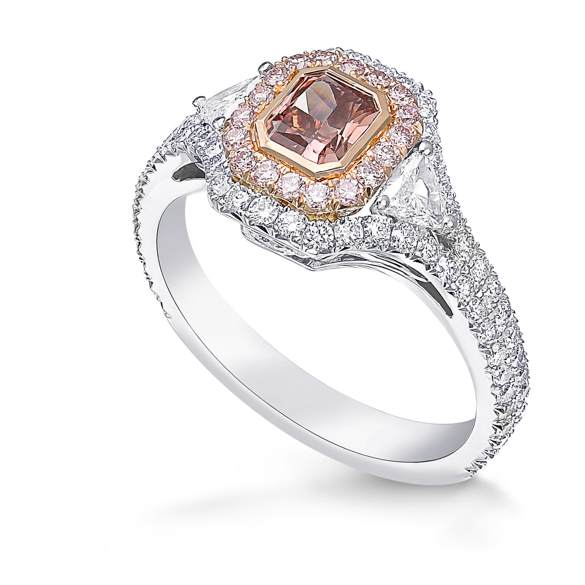 Argyle Fancy Deep Orangy Pink Radiant Diamond Double Halo Ring 