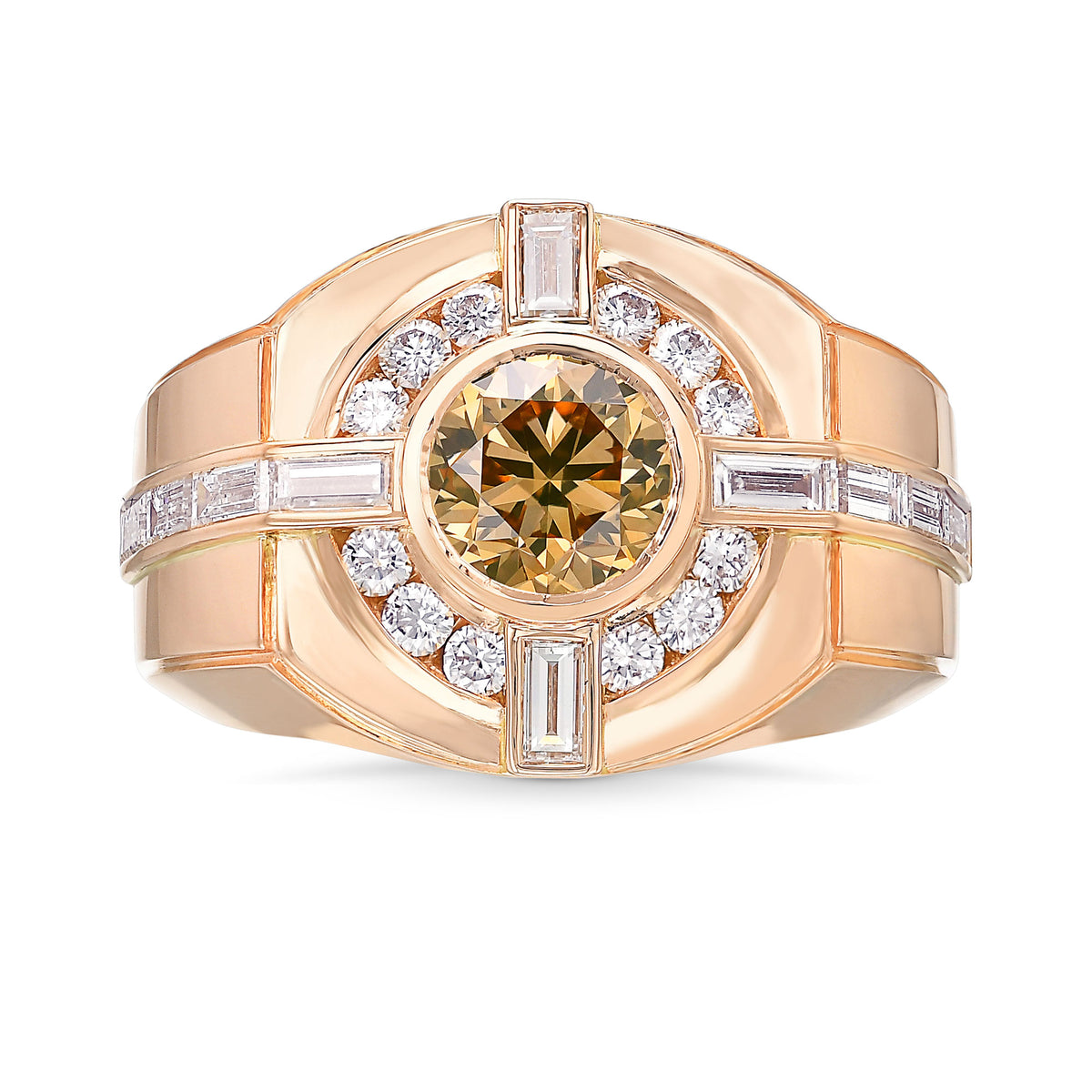 Fancy Brownish Orangy Yellow Round Diamond Man's Ring  