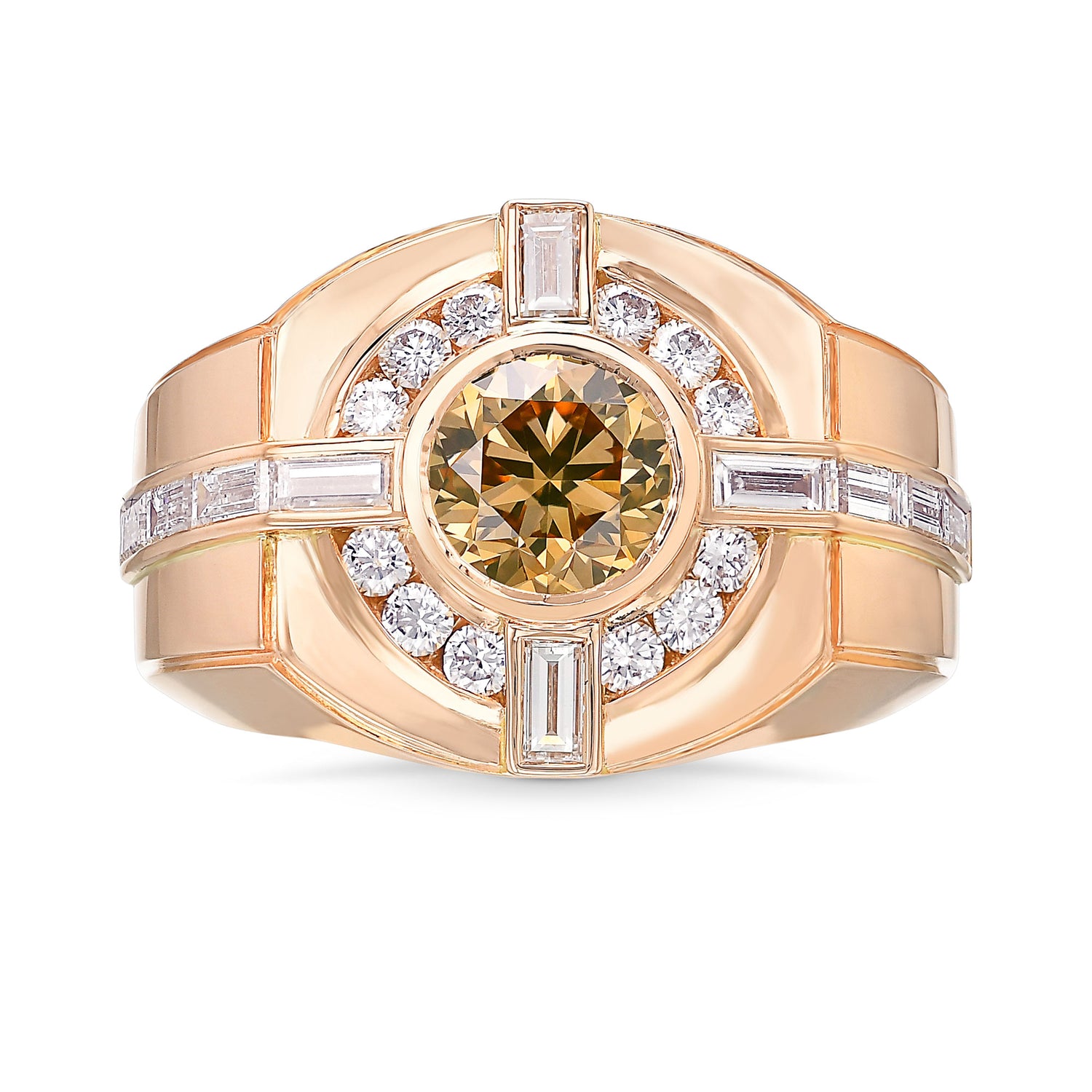 Fancy Brownish Orangy Yellow Round Diamond Man's Ring  