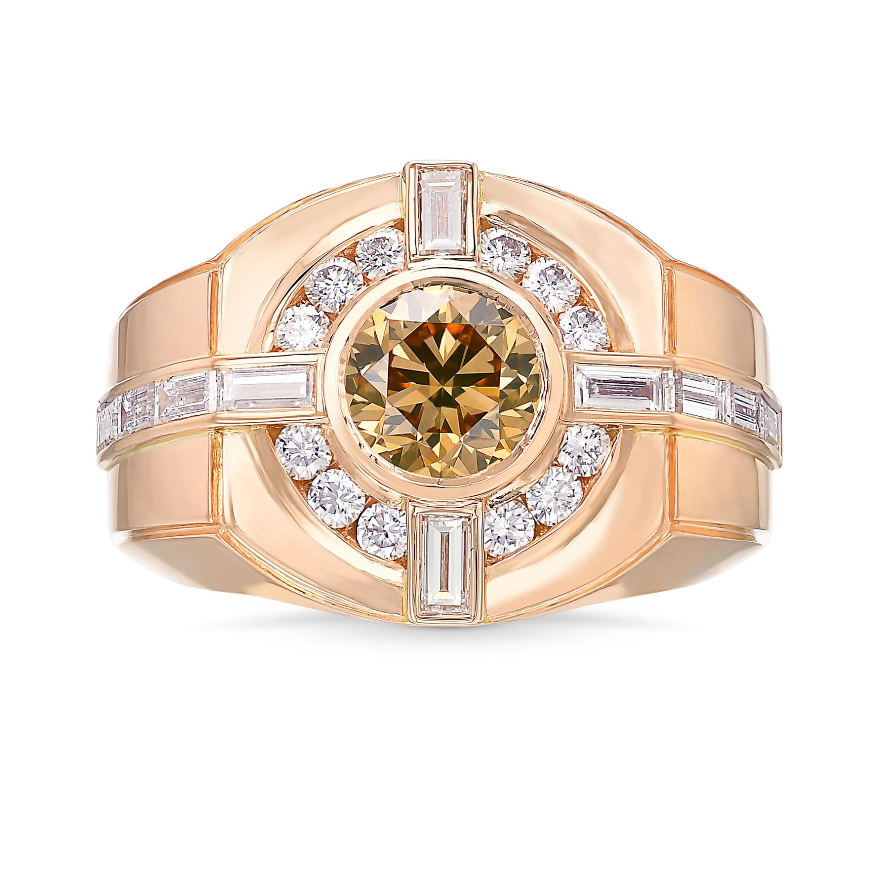 Fancy Brownish Orangy Yellow Round Diamond Man's Ring  