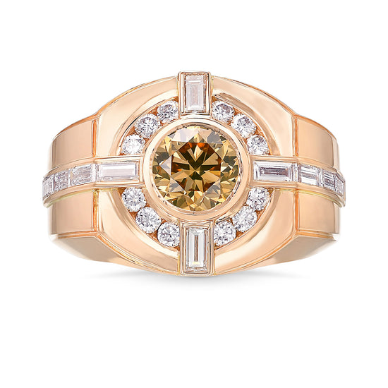 Fancy Brownish Orangy Yellow Round Diamond Man's Ring  