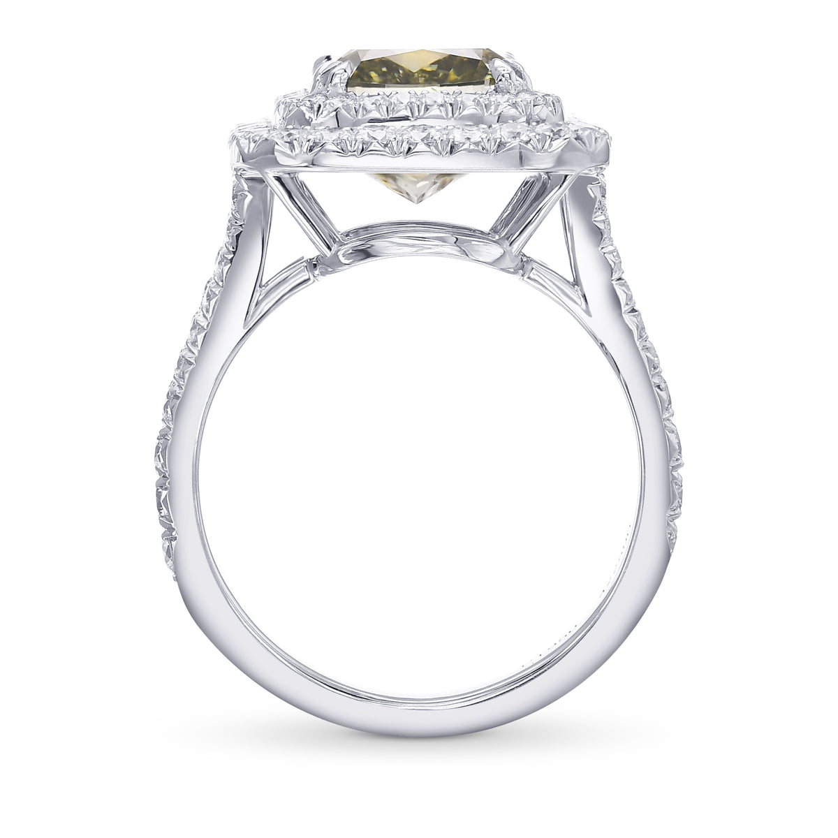 Fancy Deep Grayish Yellowish Green Cushion Diamond Double Halo Ring