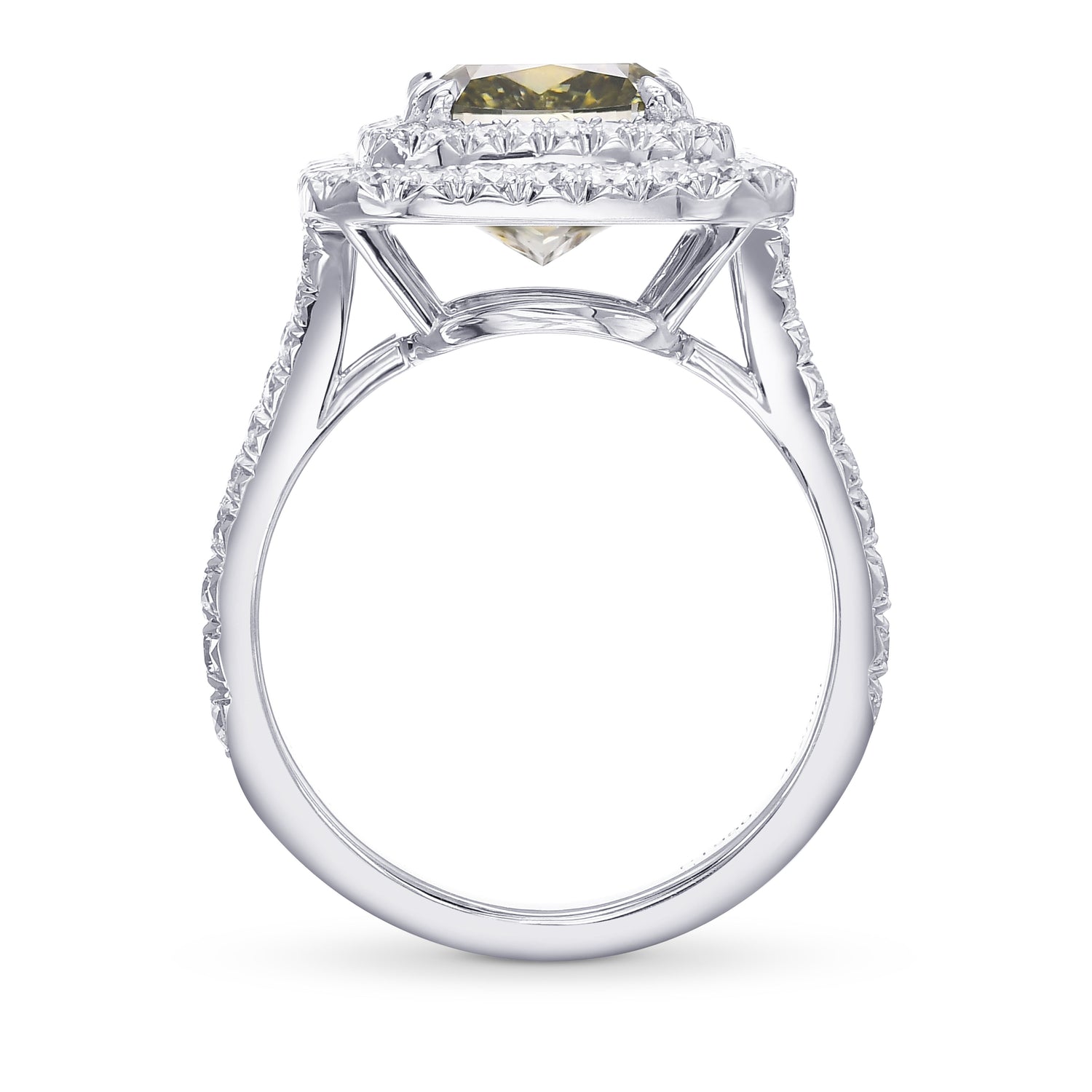 Fancy Deep Grayish Yellowish Green Cushion Diamond Double Halo Ring
