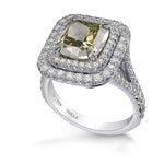Fancy Deep Grayish Yellowish Green Cushion Diamond Double Halo Ring