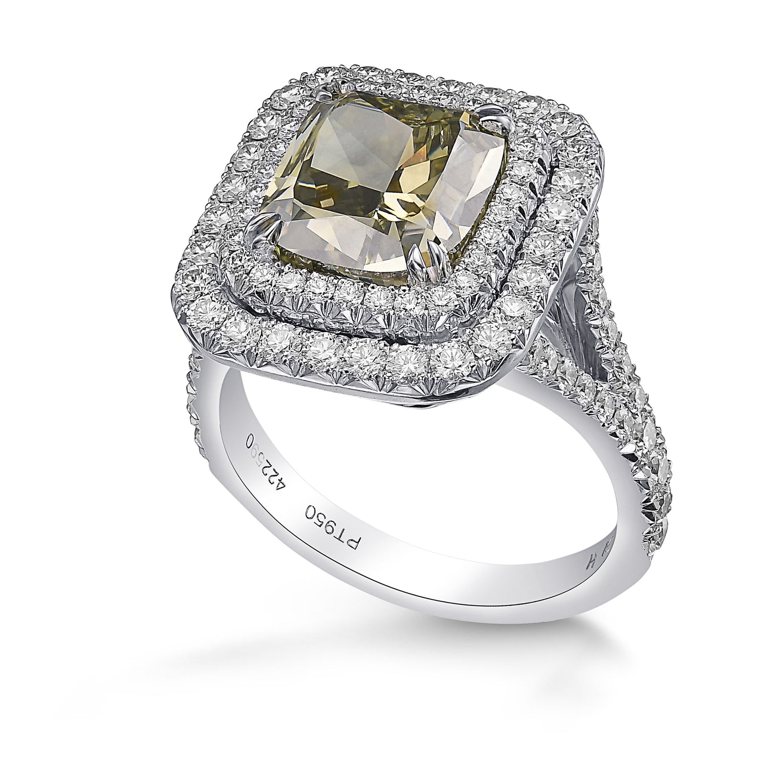 Fancy Deep Grayish Yellowish Green Cushion Diamond Double Halo Ring