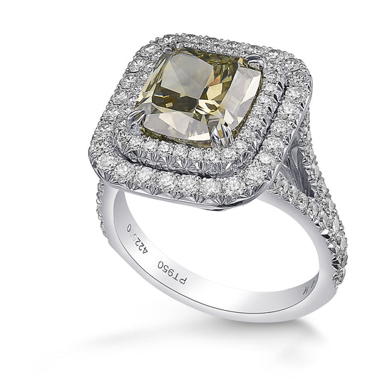 Fancy Deep Grayish Yellowish Green Cushion Diamond Double Halo Ring