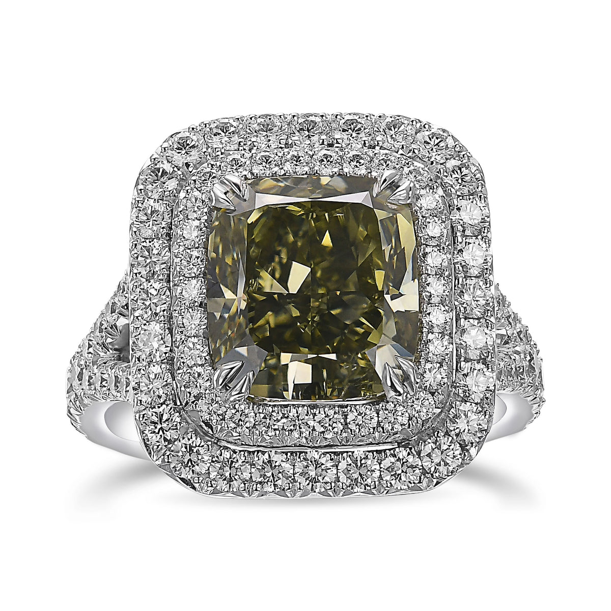 Fancy Deep Grayish Yellowish Green Cushion Diamond Double Halo Ring