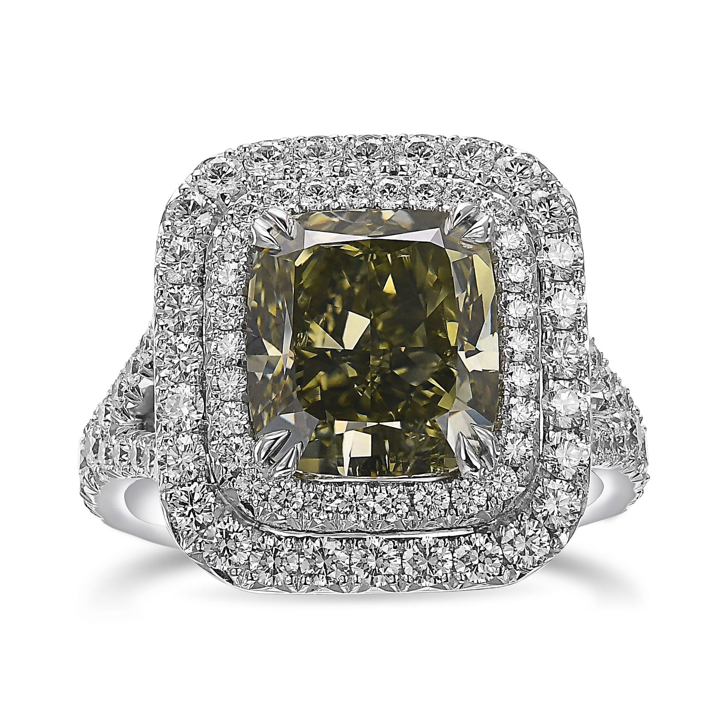 Fancy Deep Grayish Yellowish Green Cushion Diamond Double Halo Ring