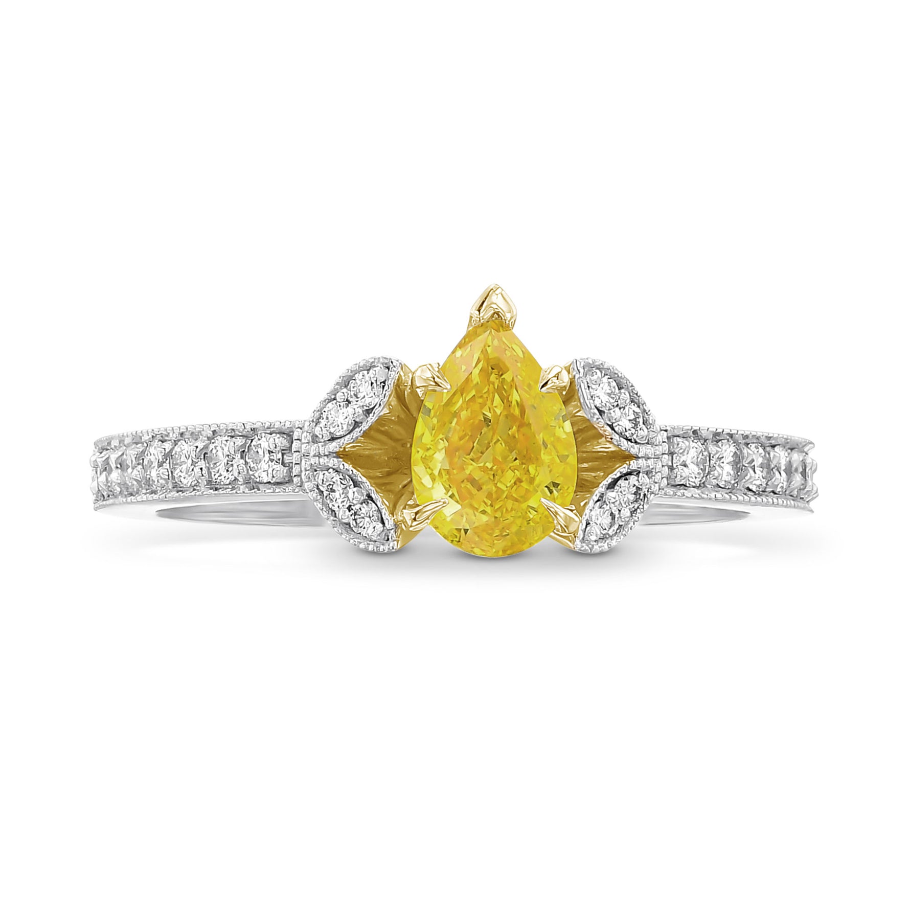 Fancy Vivid Yellow Pear Diamond Side Stone Ring 