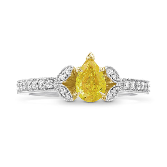 Fancy Vivid Yellow Pear Diamond Side Stone Ring 