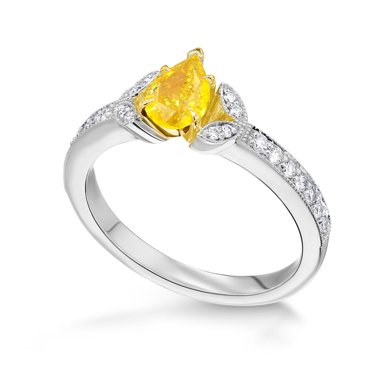 Fancy Vivid Yellow Pear Diamond Side Stone Ring 