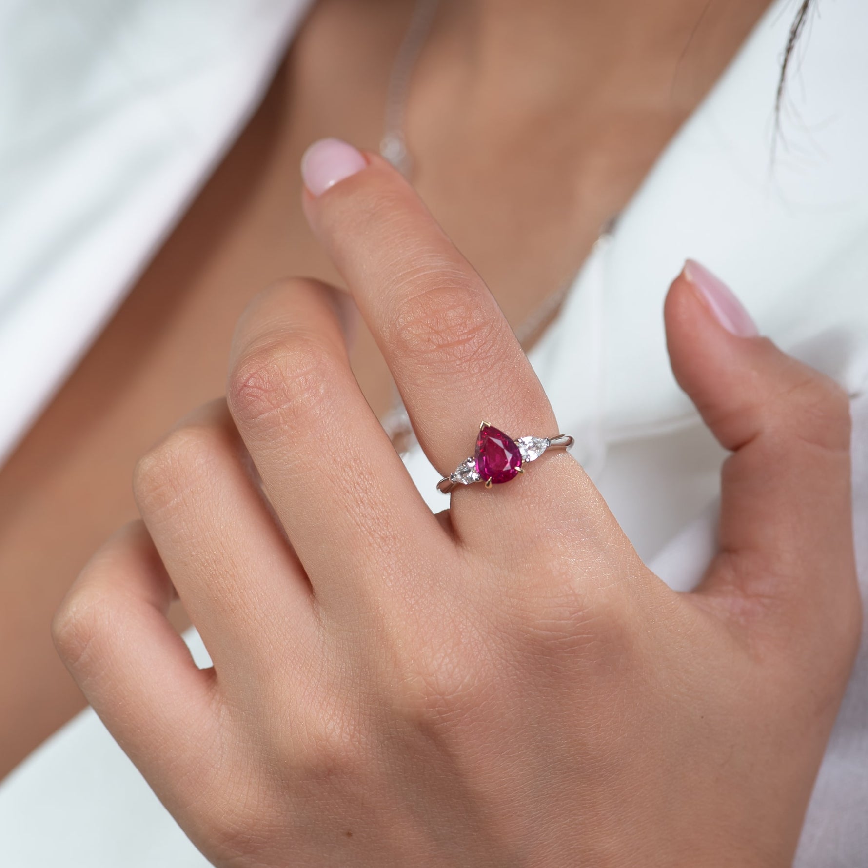Pear Shape Ruby and Diamond 3 Stone Ring