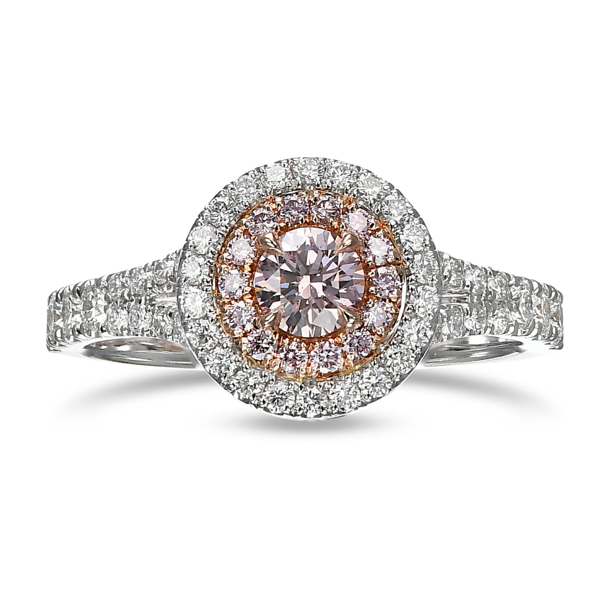 Argyle Fancy Brownish Pink Round Diamond Double Halo Ring