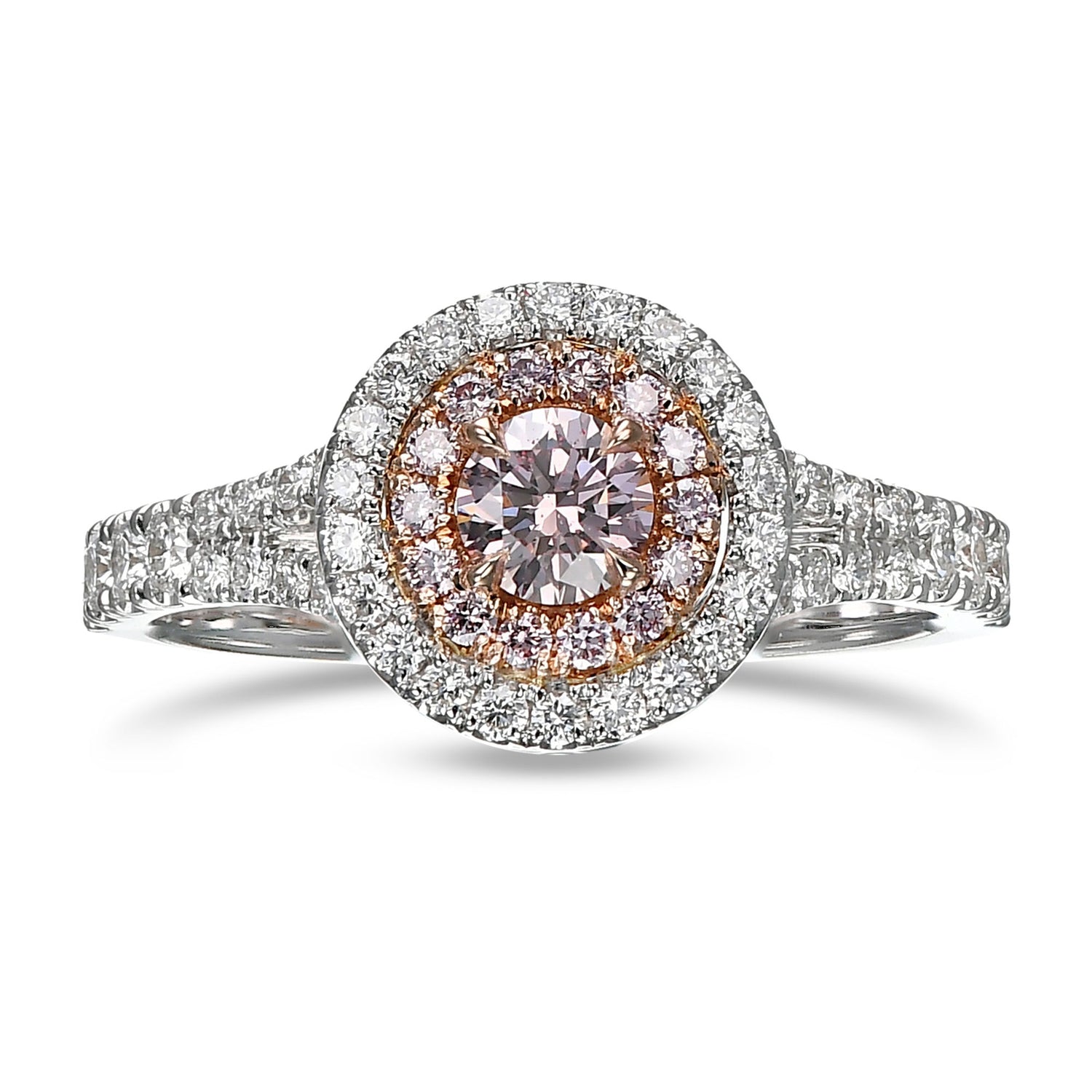 Argyle Fancy Brownish Pink Round Diamond Double Halo Ring