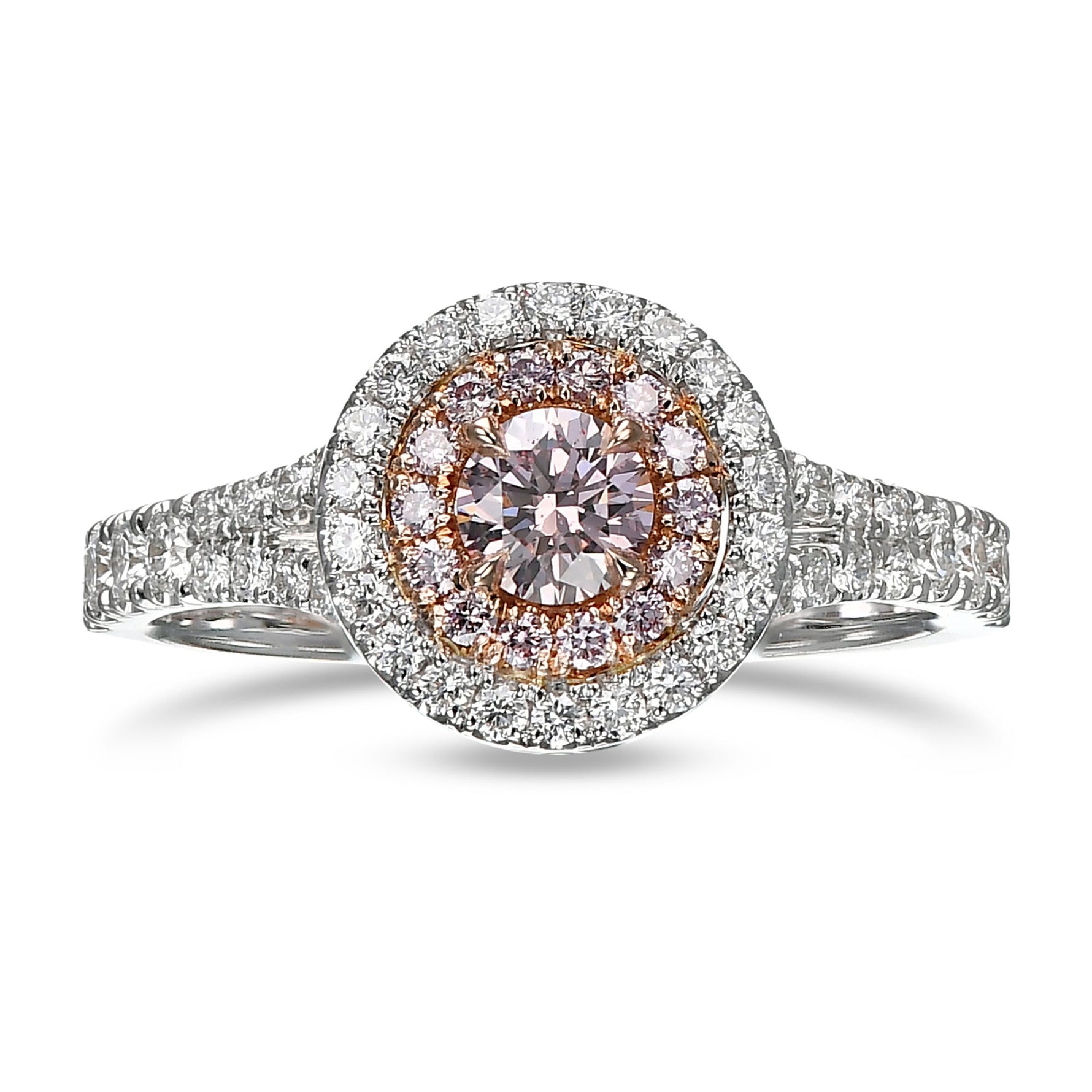 Argyle Fancy Brownish Pink Round Diamond Double Halo Ring