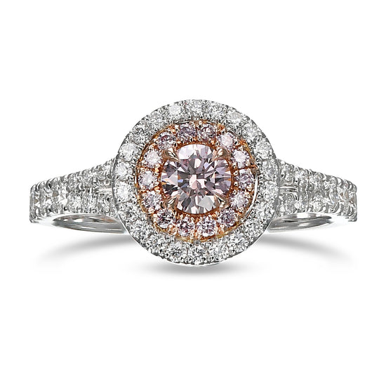 Argyle Fancy Brownish Pink Round Diamond Double Halo Ring