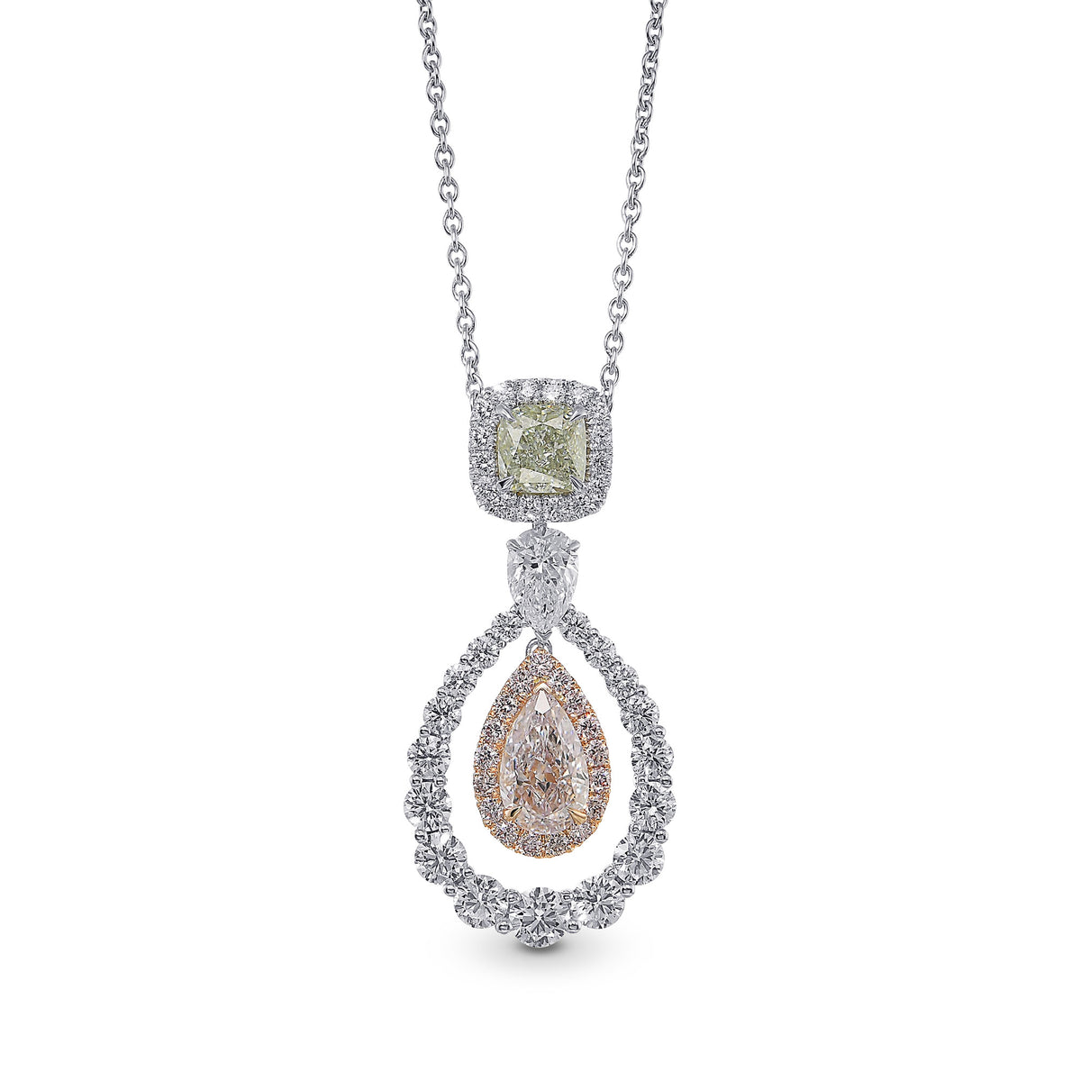 Light Pink Pear and Fancy Yellow Green Cushion Double Halo Drop Diamond Pendant