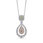 Light Pink Pear and Fancy Yellow Green Cushion Double Halo Drop Diamond Pendant